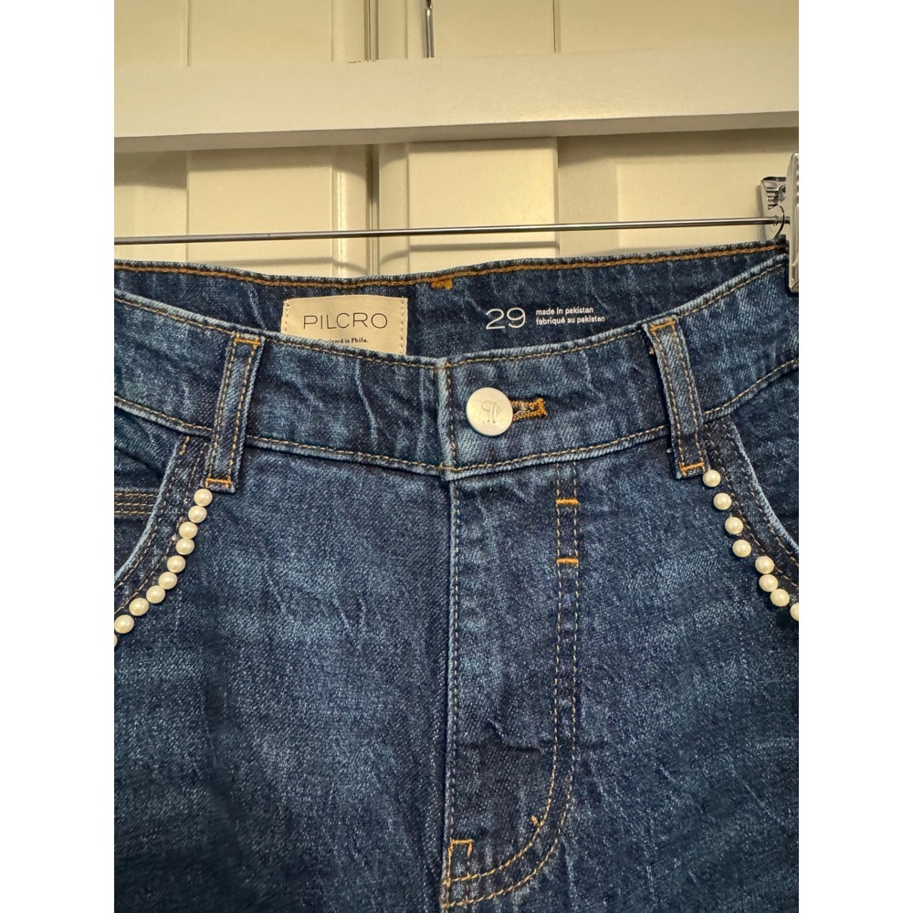 Pilcro Anthropologie Pearl Bow Embellished Wide Leg Low Rise Jeans Dark Wash 29 - Picture 7 of 9